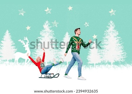 Postcard picture collage of happy people walking together riding sleigh isolated on painted background