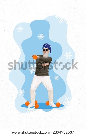 Postcard brochure collage of funky cool elderly guy dancing new year theme party isolated on drawing background
