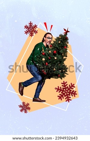 Vertical 3d picture collage of funky tricky young guy carrying decorated christmas tree isolated on drawing background