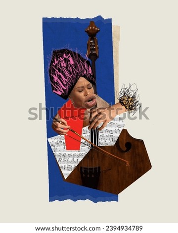 Young artistic African woman playing cello, making classical performance over light background. Contemporary art collage. Concept of music festival, show, talents, surrealism, creativity and