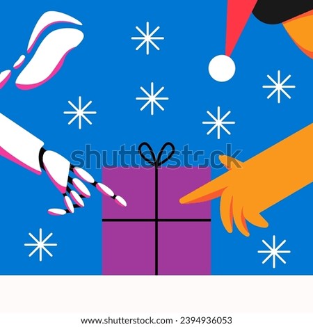 AI Robot gives gift to the man. Christmas and New Year 2024 celebration. Preparing xmas gifts. Flat vector illustration in cartoon style.