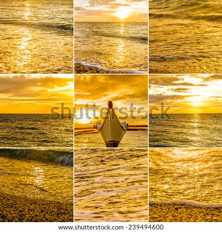 collage set of sunset sea pictures. tropical sunset, water and sky sunset background set