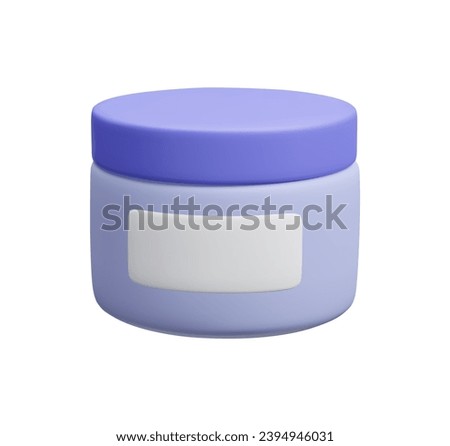 3D facial cream jar isolated on white. Blue cosmetic product bottle 3D render. Skincare routine, facial mask, eye treatment, self care spa time. Cute cartoon style moisturizer cream packaging 3D. Royalty-Free Stock Photo #2394946031