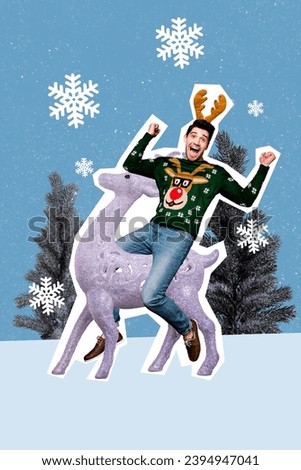 Vertical greeting image collage of cheerful happy guy riding reindeer evergreen forest isolated on drawing background