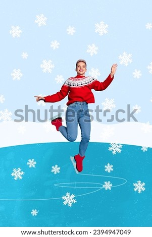 Poster image collage of positive cute girl having fun skating outdoors enjoying hobby snowy weather isolated on painted background