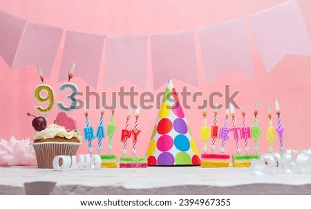 Background date of birth number  93. Anniversary. Beautiful festive background with candles for a girl. Women's congratulations postcard. Happy birthday in pink. Royalty-Free Stock Photo #2394967355