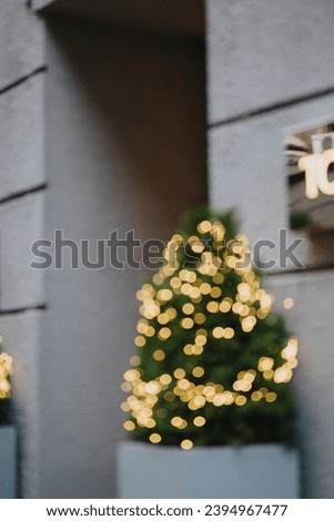 Photo background of a blurred Christmas tree with a garland. Banner poster for Christmas and New Year