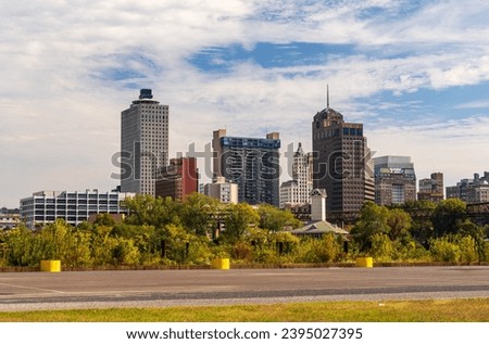 Panoramic view of Memphis Tennessee cityscape from Mud Island park by river