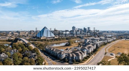 Panoramic view of Memphis Tennessee cityscape with low water levels in the Mississippi river
