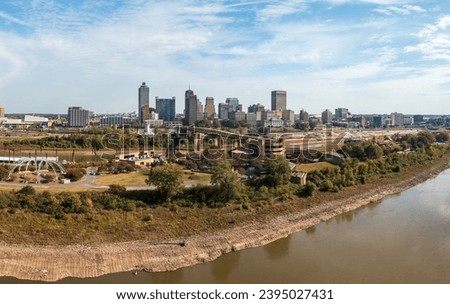 Panoramic view of Memphis Tennessee cityscape with low water levels in the Mississippi river and Wolf River Harbor