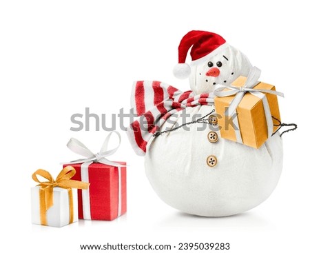 cute snowman in santa hat with gifts, isolated on white background