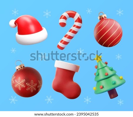3d Christmas icons set. Christmas 3d vector objects collection. Christmas tree, Santa hat, christmas ornament ball, candy cane, stocking. Decoration elements for greeting cards and banners.