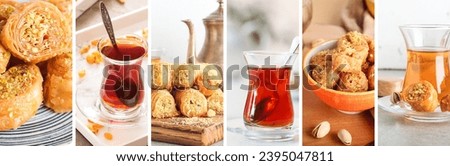 Collage of tasty Turkish baklava and tea on table
