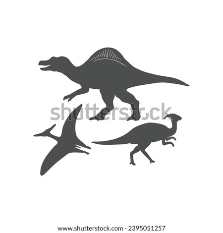 Set of Dinosaurs, Spinosaurus, Pteranodon and Parasaurolophus Silhouette Icon Illustration Vector