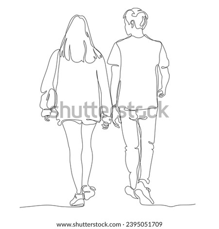 Young couple walking away. Woman wearing shorts and long jacket. Rear view. Continuous line drawing. Black and white vector illustration in line art style. Royalty-Free Stock Photo #2395051709