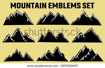 9 mountain vector, icon, logo. Set of rocky mountain silhouette. bundle vector. Design a illustrator vector of Mountain Silhouette Clip-art set with background
