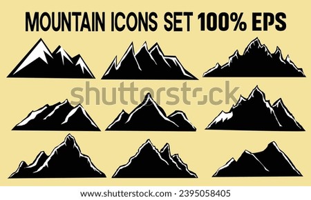 9 mountain vector, icon, logo. Set of rocky mountain silhouette. bundle vector. Design a illustrator vector of Mountain Silhouette Clip-art set with background