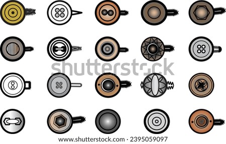 Sewing Buttons flat sketch vector illustration set, different types of Shirt Buttons, Shank button, Flat buttons and Decorative buttons for fasteners, dresses garments, Jeans, Clothing and Accessories Royalty-Free Stock Photo #2395059097