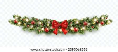 Christmas tree border with green fir branches, red bow, balls, golden stars and gold lights isolated on transparent background. Pine, xmas evergreen plants frame. Vector string garland decor
