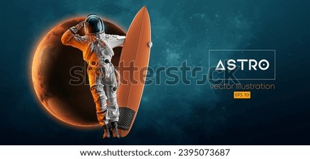 Abstract silhouette of a surfer, astronaut in space action and Earth, Mars, planets on the background of the space. Vector 3d render illustration Royalty-Free Stock Photo #2395073687