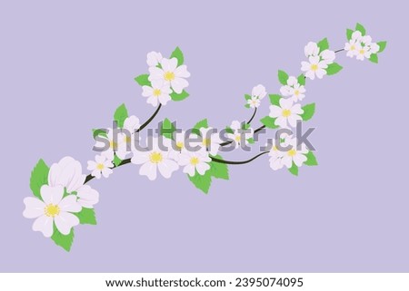 Apple tree branch with leaves and buds isolated on a lilac background. Vector illustration.