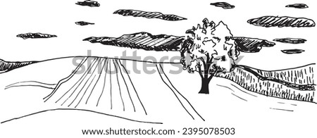 Simple sketch of a landscape with a field and a tree