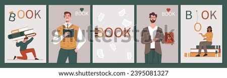 Books reading education posters set. Students with love for reading and literature. Education and learning. Flyers and booklets. Cartoon flat vector collection isolated on green background