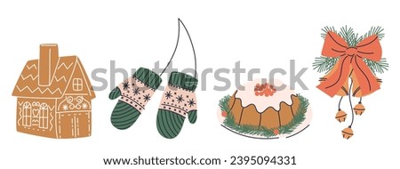 Cozy winter holiday set of Christmas design elements. Cute hygge retro wearing, Xmas ornament, gifts, candles and gingerbread bundle. Colored flat vector illustrations isolated on white background