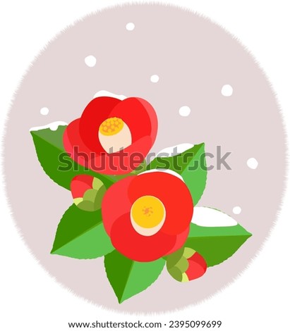 Red camellia branches and snow on greige oval background