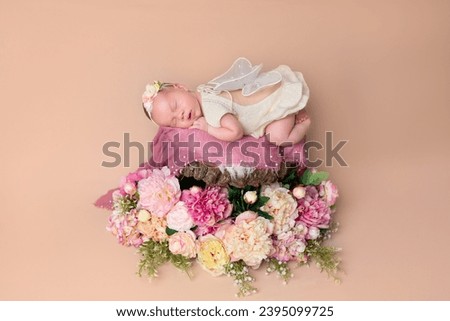 Cute newborn baby with butterfly wings. Newborn girl in flowers. Newborn's first photo session