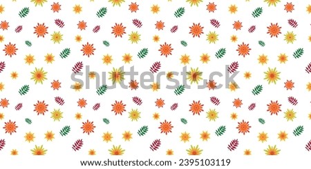 Seamless pattern colorful leaves and flowers white background isolated vector illustration for fabric and web