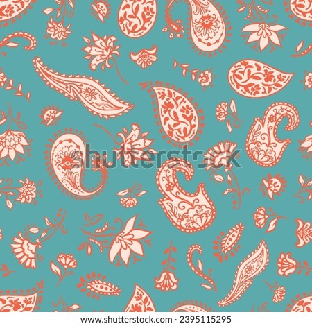 Ethnic paisleys and flowers seamless repeat pattern on red background. Traditional, random placed, vector scarf elements all over surface print.
