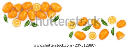 Cumquat or kumquat with half isolated on white background with copy space for your text. Top view. Flat lay Royalty-Free Stock Photo #2395128809
