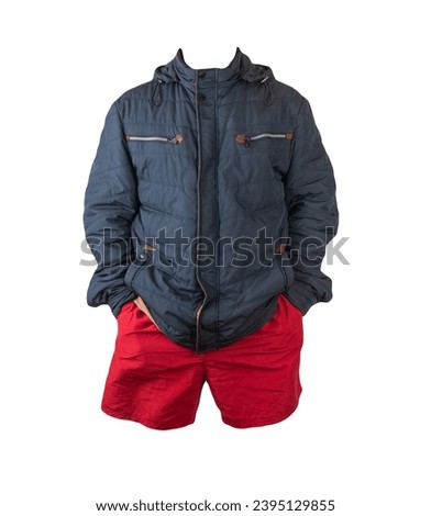 mens dark blue hooded jacket and red sports shorts isolated on white background. fashionable casual wear