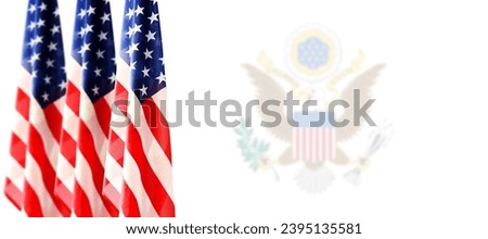 American Flag and watermark Coat of arms of the United States. USA national symbols,white background