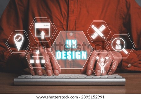 UX design concept, Businessman hand typing keyboard computer on office desk with ux design icon on virtual screen.