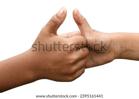 child hand thumbs wrestling isolated white background