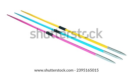 Magenta, cyan and yellow color of athletics javelins on an isolated white background.jpg Royalty-Free Stock Photo #2395165015