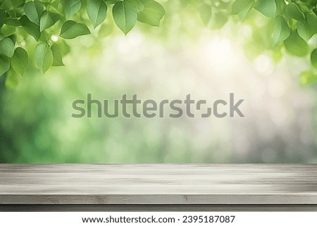 Empty wood tabletop or counter with display product. Blur image of green leaves bokeh background. Display product background concept