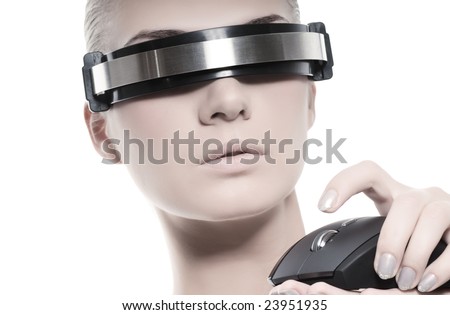 Beautiful cyber woman with computer mouse isolated on white background