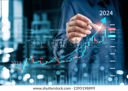 Businesswomen touch virtual screens of index graphs stock market changes, uptrends, growth economy, investor business strategy development, valuation take profit point, opportunities for investment. Royalty-Free Stock Photo #2395198899