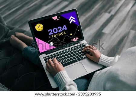 2023 year trends in laptop screen. New year trends in design, business, marketing.