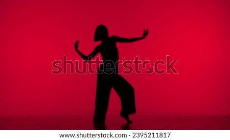 In the frame on a red background in the silhouette. Dances slender, beautiful girl. Demonstrates dance moves in the style of hip hop. It is feminine, plastic, rhythmic. General plan