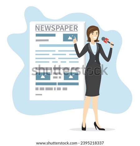 Cute female reporter with microphone, newspaper on background. Breaking news review. Caucasian journalist makes a report. Media worker. Cartoon female character full length. Flat vector illustration Royalty-Free Stock Photo #2395218337