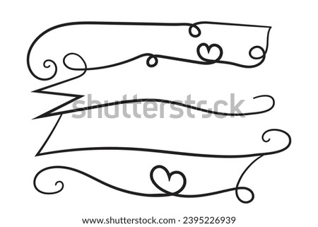 Hand drawn curly hearts scroll Line Calligraphic writing outline ribbon, calligraphy lettering poster useful valentine day, blank space writing for text, ribbon romantic love empty outline banner 