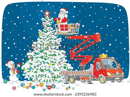 Santa Claus and a funny snowman decorating a snowy tall Christmas tree with colorful holiday toys, balls, garlands and sweets using a red truck crane, vector cartoon illustration