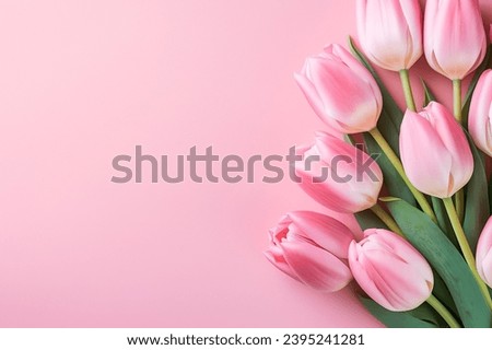 Bouquet of pink delicate tulips on pink background, Top view, space for text.