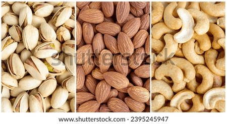 Collage many pictures of Pistachios nuts,almond nuts,Cashew nuts