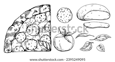Hand drawn vector ink illustration. Pepperoni pizza slice, mozzarella tomato basil, Italian cuisine. Set of objects isolated on white. Design restaurant menu, cafe, food shop or package, flyer print. Royalty-Free Stock Photo #2395249095