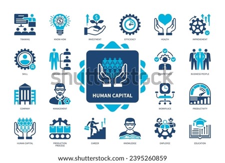 Human Capital icon set. Production Process, Employee, Know-How, Education, Skills, Knowledge, Health, Earnings. Duotone color solid icons Royalty-Free Stock Photo #2395260859